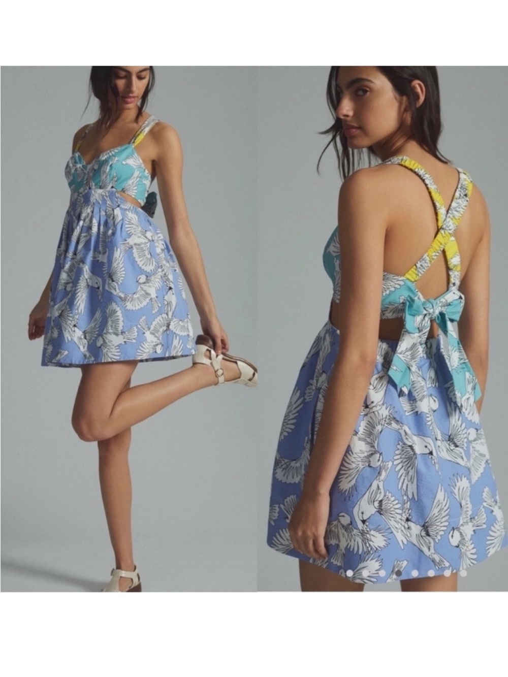 Anthropologie Blue & Teal Bird-Print Mini Dress with Yellow Strap Accents